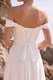 White A-Line Off the Shoulder Ruched Chiffon Midi Wedding Dress