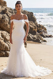 White Mermaid Off the Shoulder Appliqued Tulle Long Wedding Dress