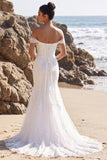 White Mermaid Off the Shoulder Appliqued Tulle Long Wedding Dress