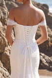 White Mermaid Off the Shoulder Appliqued Tulle Long Wedding Dress