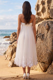 White A-Line Strapless Ruched Tea-Length Tulle Wedding Dress with Appliques