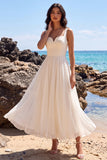 White A-Line Sweetheart Pleated Chiffon V-Neck Midi Wedding Dress