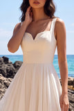 White A-Line Sweetheart Pleated Chiffon V-Neck Midi Wedding Dress