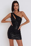 Black Sequins One Shoulder Bodycon Short Cocktail Dress with Cut Out