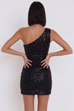 Black Sequins One Shoulder Bodycon Short Cocktail Dress with Cut Out