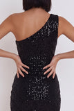 Black Sequins One Shoulder Bodycon Short Cocktail Dress with Cut Out