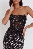 Black Corset Bodycon Strapless Short Cocktail Dress with Rhinestone
