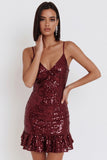 Burgundy Sequins Bodycon Spaghetti Straps Short Cocktail Dress with Ruffles