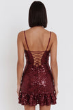 Burgundy Sequins Bodycon Spaghetti Straps Short Cocktail Dress with Ruffles