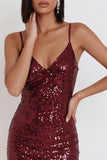 Burgundy Sequins Bodycon Spaghetti Straps Short Cocktail Dress with Ruffles