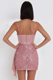 Pink Corset Bodycon Spaghetti Straps Short Cocktail Dress with Sequins