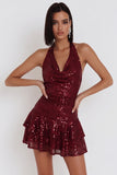 Burgundy Sequins Halter Tiered Ruffle Short Backless Cocktail Dress