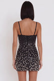 Black Bodycon Spaghetti Straps Cut Out Beaded Short Cocktail Dress with Rhinestone