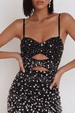 Black Bodycon Spaghetti Straps Cut Out Beaded Short Cocktail Dress with Rhinestone