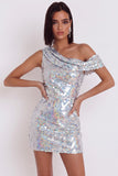 Sparkly Silver Sequins Bodycon Asymmetrical One Shoulder Short Cocktail Dress