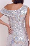 Sparkly Silver Sequins Bodycon Asymmetrical One Shoulder Short Cocktail Dress