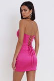 Fuchsia Corset Satin Strapless Bodycon Ruched Short Cocktail Dress