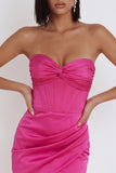 Fuchsia Corset Satin Strapless Bodycon Ruched Short Cocktail Dress