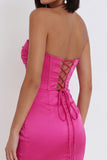 Fuchsia Corset Satin Strapless Bodycon Ruched Short Cocktail Dress