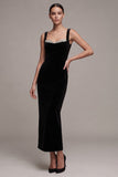 Black Sheath Sweetheart Long Velvet Dress with Rhinestone