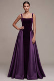 Plum A-Line Square Neck Satin Thick Straps Maxi Velvet Dress