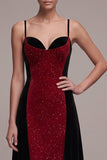 Red and Black Sheath Spaghetti Straps A-Line Glitter Maxi Velvet Dress