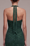Dark Green Sheath Halter Ruched Beaded Maxi Formal Dress with Slit