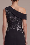 Black Sheath Asymmetrical One Shoulder Ruched Long Formal Dress with Appliques