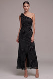 Black Sheath One Shoulder Floral Appliques Maxi Formal Dress with Slit