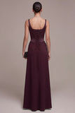 Burgundy Corset Sheath Square Neck Ruched Maxi Formal Dress with Lace
