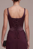 Burgundy Corset Sheath Square Neck Ruched Maxi Formal Dress with Lace