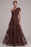 Coffee A-Line Asymmetrical One Shoulder Floral Appliques Maxi Formal Dress