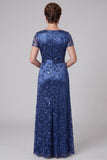 Royal Blue Sheath V-Neck Satin Sequins Embroidery Ruched Long Mother of the Bride Dress