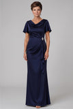 Navy Sheath Cowl Neck Ruched Long Mother of the Bride Dress with Rhinestone