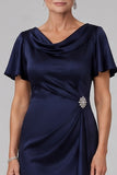Navy Sheath Cowl Neck Ruched Long Mother of the Bride Dress with Rhinestone