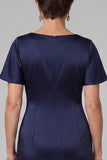 Navy Sheath Cowl Neck Ruched Long Mother of the Bride Dress with Rhinestone