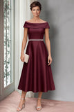 Burgundy A-Line Satin Off the Shoulder Midi Mother of the Bride Dress with Belt