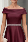 Burgundy A-Line Satin Off the Shoulder Midi Mother of the Bride Dress with Belt