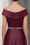 Burgundy A-Line Satin Off the Shoulder Midi Mother of the Bride Dress with Belt