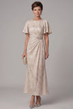 Champagne Sheath Round Neck Ruched Flutter Sleeves Maxi Mother of the Bride Dress with Rhinestone