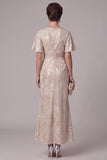 Champagne Sheath Round Neck Ruched Flutter Sleeves Maxi Mother of the Bride Dress with Rhinestone