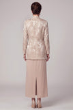Champagne 2-Piece Sheath Round Neck Jacquard Long Mother of the Bride Dress with Jacket