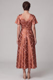 Reddish-Brown A-Line V-Neck Printed Satin Midi Mother of the Bride Dress with Flutter Sleeves