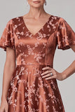 Reddish-Brown A-Line V-Neck Printed Satin Midi Mother of the Bride Dress with Flutter Sleeves