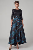 Black A-Line Boat Neck Printed 3/4 Sleeves Maxi Mother of the Bride Dress with Bow
