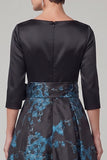 Black A-Line Boat Neck Printed 3/4 Sleeves Maxi Mother of the Bride Dress with Bow