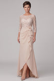 Champagne Sheath Round Neck 3/4 Lace Sleeves High Low Chiffon Maxi Mother of the Bride Dress
