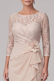 Champagne Sheath Round Neck 3/4 Lace Sleeves High Low Chiffon Maxi Mother of the Bride Dress