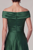 Dark Green A-Line Off the Shoulder Ruched Satin Mother of the Bride Dress with Rhinestone