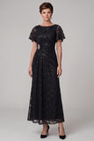 Black A-Line Bateau Neck Ruched Sequins Midi Mother of the Bride Dress with Rhinestone